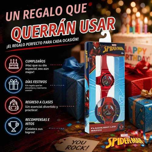 Vista 5 de Marvel Spider-Man Flashlight Watch for Kids – Light-Up Fun with LCD Display, LED Flashlight, and Durable Silicone Band