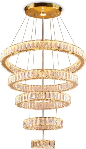 Vista 7 de Lámpara candelabro LED de cristal grande, moderna de 5 anillos, luz colgante ajustable para dormitorio, comedor, cocina (blanco cálido).
