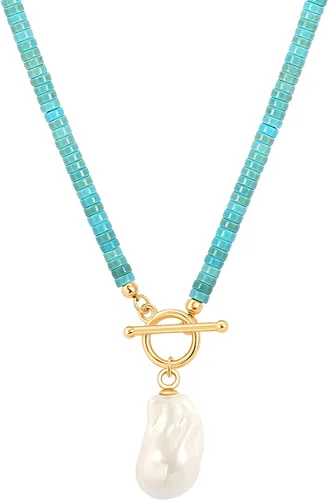 Vista 24 de Aobei Pearl Collar chapado en oro de 18 quilates con dije de cruz de corazón, corazón, estrella, león, mal de ojo, amor, medallón, clip de papel