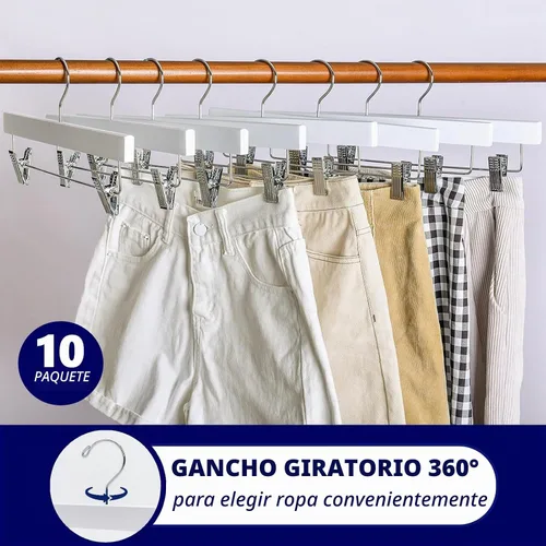 Vista 5 de Amber Home Paquete de 10 perchas de madera blanca para pantalones con 2 clips ajustables para jeans, pantalones cortos Blanco