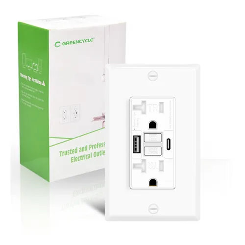 Vista 55 de Greencycle Toma GFCI de 15 amperios con puertos USB C y USB A, 1 unidad de toma eléctrica GFCI de prueba automática con USB, con indicador LED