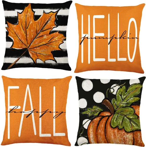 Vista 9 de DULEFUN 4 piezas de fundas de almohada de otoño de 18 x 18 pulgadas, hojas de calabaza y arce, decoración de otoño, fundas de almohada para sofá