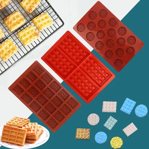 Vista 6 de Paquete de 3 moldes de silicona para gofres, cuadrados y mini redondos, 18 y 20 cavidades, antiadherentes