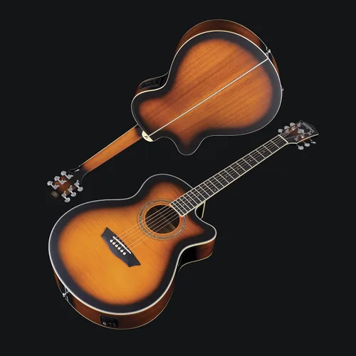 Vista 10 de Washburn Festival EA15 Mini Jumbo Cutaway, guitarra eléctrica acústica, ráfaga de tabaco Parte superior de arce figurada; Mini corte gigante