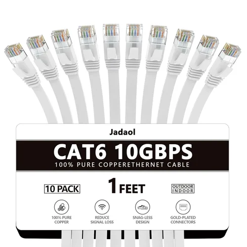 Vista 22 de Cable Ethernet Cat 6 de 1 pie (paquete de 6), para exteriores e interiores, compatible con red Cat7 de 10 Gbps, cable de conexión LAN plano