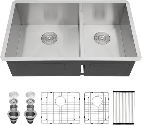 Vista 17 de Sarlai Fregadero de Cocina Dorado Bajo Encimera de 33 Pulgadas Doble Tazón 33 x 19 Pulgadas Bajo Dividido Dorado Estación de Trabajo Fregadero Doble