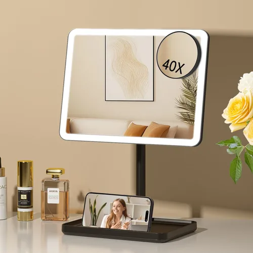 Vista 14 de FUNTOUCH Espejo de tocador de maquillaje recargable con luces, espejo de escritorio grande iluminado con 96 luces LED y aumento de 10x, iluminación