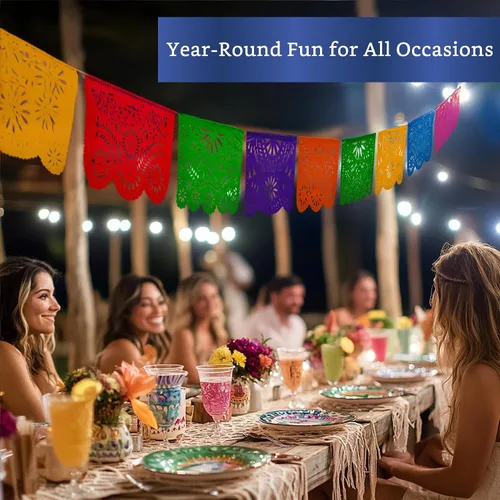 Vista 8 de Pancartas de fiesta mexicana (paquete de 2 con 10 banderas de plástico por bandera), papel picado mexicano para fiesta, papel picado de plástico