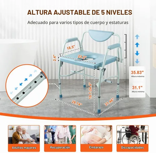 Vista 5 de VEVOR - Asiento elevado para inodoro, altura ajustable con 5 niveles, diseño de brazo abatido, respaldo desmontable, cubo fácil de limpiar de 7L