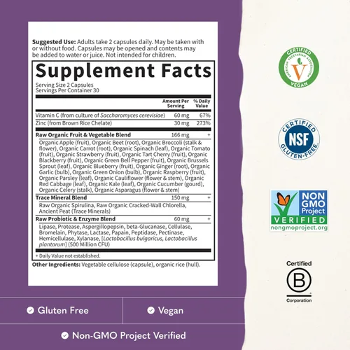 Vista 3 de Garden of Life Vitamina de zinc, suplemento alimenticio con vitamina C, vegano, 60 cápsulas