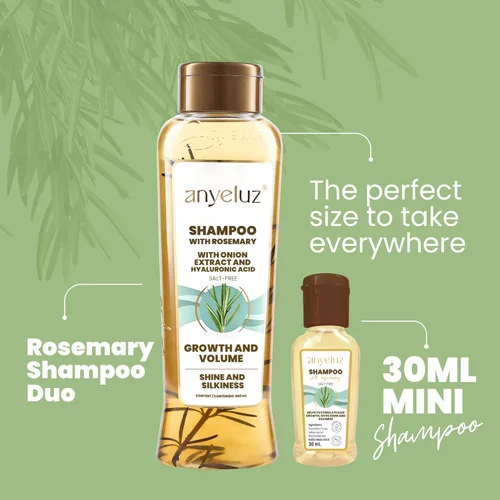 Vista 5 de ANYELUZ Kit Duo Champú Romero + Mini Tamaño de Viaje, con Extracto de Cebolla, Ácido Hialurónico y Romero