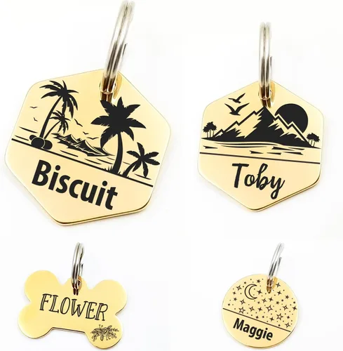 Vista 6 de Bonita placa de identificación de mascotas de acero inoxidable grabada en ambos lados, etiquetas personalizadas para gatos y perros para colgante