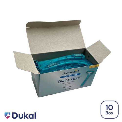 Vista 2 de Dukal Dawn Mist Triple Play - Maquinilla de afeitar facial, mango verde azulado con protector de plástico transparente, paquete de 500