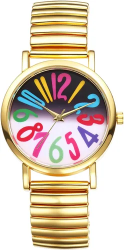 Vista 16 de JewelryWe Reloj de lectura fácil ultrafino para mujer con correa elástica de tono dorado/plateado