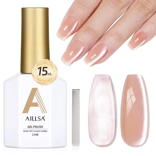 Vista 10 de AILLSA - Esmalte de uñas de gel ojo de gato color marrón con purpurina dorada con imán, esmalte de uñas de gel ámbar destello nude con cristales