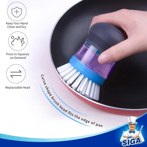 Vista 7 de MR.SIGA Cepillo dispensador de jabón, cepillo de cocina para limpiar platos, ollas, sartenes, fregaderos, paquete de 2, azul marino/azul