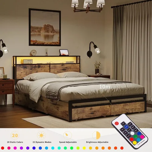 Vista 3 de HAUSOURCE - Base de cama tamaño Queen con cabecera de almacenamiento, 4 cajones, luces LED, plataforma metálica antideslizante sin ruido, base