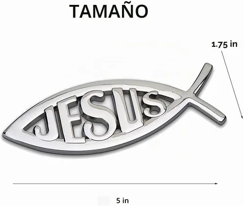 Vista 5 de MEETCUTE 2 calcomanías de pez Jesús plateadas, 3D cromadas para coche, calcomanía para emblema religioso de Dios para Jesús, símbolo de pez cristiano