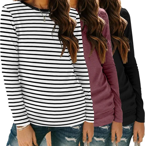 Vista 20 de Zeagoo Paquete de 3 camisetas de manga larga para mujer, estilo casual, suave, cuello redondo, básicas, ropa de otoño Z Rayas Azul 273