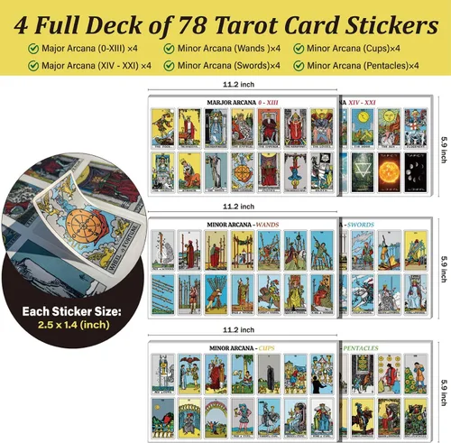 Vista 2 de Joyppy 336 piezas de adhesivos de tarot - 6.3 cm x 3.6 cm (2.5" x 1.4") - 4 juegos de adhesivos de cartas de tarot completos RWS para diario