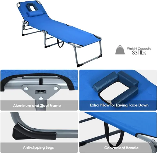 Vista 6 de COSTWAY Tumbona plegable ajustable para patio, playa, camping, reclinable, para tomar el sol, color azul