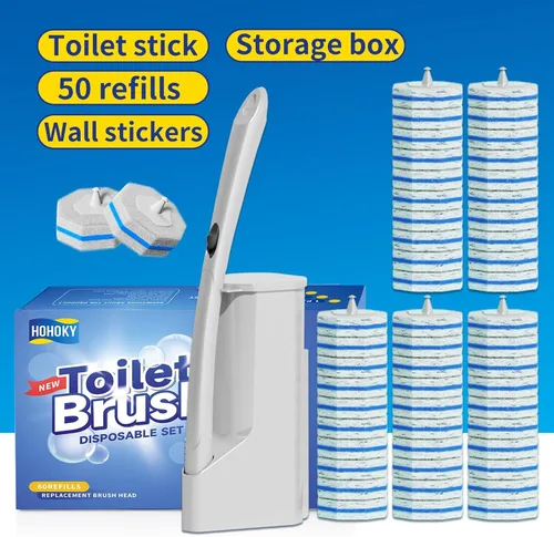 Vista 6 de Sistema de Cepillo de Limpieza Desechable para Inodoro con 50 uds. de Almohadillas de Repuesto Cabezales, Varilla de Limpieza para Inodoro, Kit
