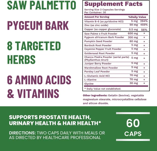 Vista 4 de Prostavit Suplemento de apoyo de próstata para hombres – Saw Palmetto 600 mg, corteza de Pygeum, semillas de calabaza, ortiga y zinc – Flujo