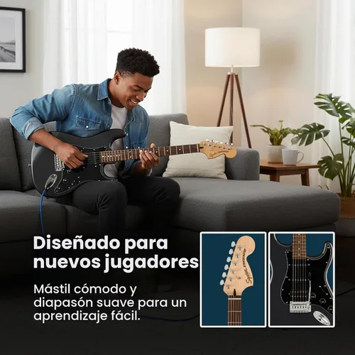 Vista 5 de Fender Squier Affinity Stratocaster HSS - Paquete Charcoal Frost Metallic con amplificador Frontman 10G, cable, funda, correa, púas, lecciones