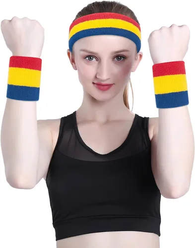 Vista 12 de ONUPGO - Conjunto de diadema y muñequeras deportivas para el sudor, hechas de algodón con bucles, muñequeras, contra humedad