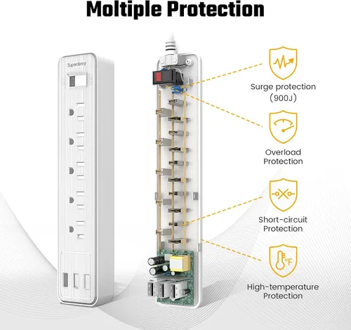 Vista 4 de SUPERDANNY Protector de sobretensión, 5 tomacorrientes, 3 puertos USB, cable de extensión de 4.5 pies, 900 julios, montable, interruptor de Blanco