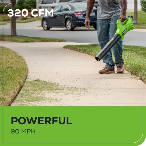 Vista 4 de Greenworks Soplador de hojas axial inalámbrico de 24 V (90 MPH / 320 CFM / más de 200 herramientas compatibles), batería de 2.0 Ah y cargador
