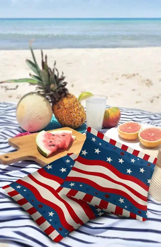 Vista 3 de Funda de almohada impermeable para el Día de la Independencia para exteriores, diseño de estrella en ondas rojas y azules, fundas de cojín