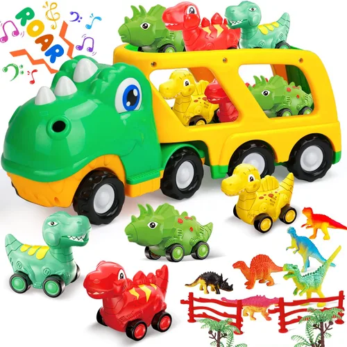 Vista 8 de TOY Life Camión de Dinosaurio Jurásico con Pista y Luces y Sonidos, Juguetes de Dinosaurio Triceratops para Niños de 3 a 5, Juego de Transporte