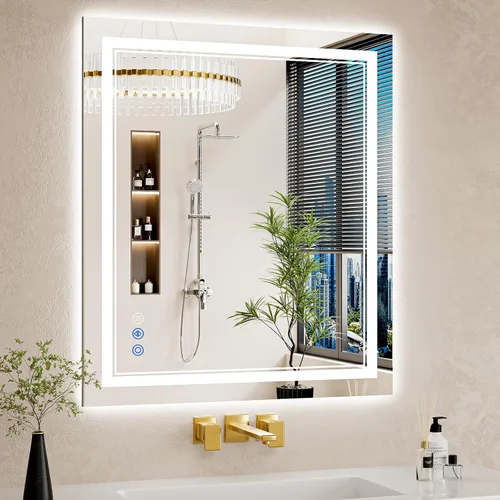 Vista 33 de Espejo de baño LED de 22 x 30 pulgadas con luces, antiniebla, retroiluminado + luz frontal, regulable, espejo de tocador LED para pared, espejo