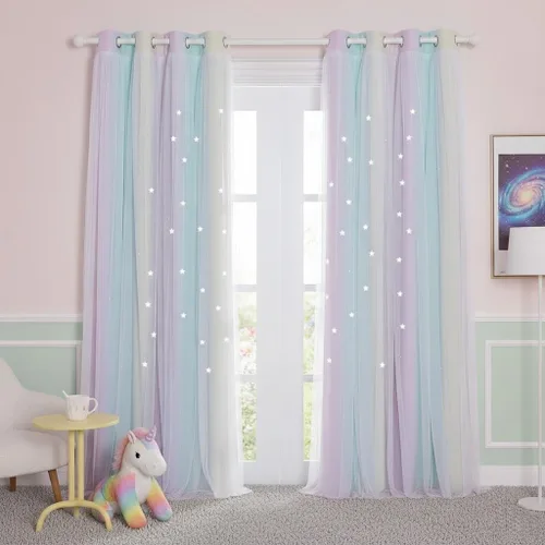 Vista 42 de NICETOWN Cortinas para Dormitorio de Niñas Infantiles con Estrellas Caladas Ventana 2 Capas Cortina 63 Pulgadas de Longitud Oscurecimiento