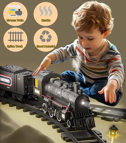 Vista 5 de Mantfuty - Juego de tren de juguetes para niños con humo, luces y sonido, trenes eléctricos con locomotora de vapor, vagones de tren y pistas