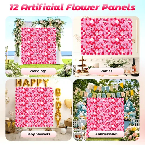 Vista 3 de Juego de paneles de pared de flores de seda artificial, telón de fondo de fiesta de boda, panel de pared floral de rosa de seda para ramo, Rosa