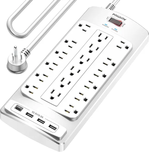 Vista 12 de Regleta protectora de sobretensiones de 18 tomas – Cable de extensión de enchufe plano de 6 pies resistente con 18 tomas amplias y 4 puertos USB