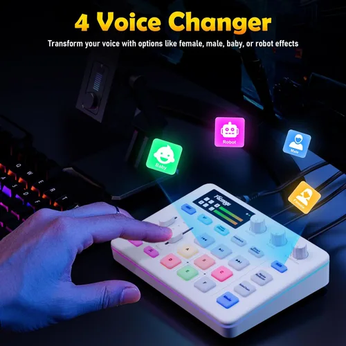Vista 4 de Facmogu G9 Mezclador de Audio, Mezclador de PC RGB para Transmisión con Interfaz XLR para Micrófono, Control de Volumen, Botón de Silencio