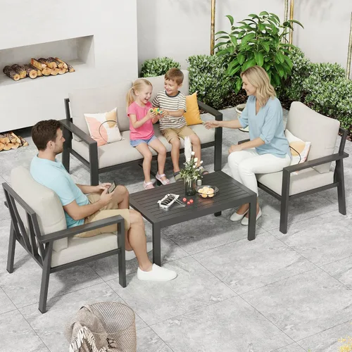 Vista 13 de Juego de muebles de aluminio para exteriores para todo tipo de clima, sofá seccional con mesa auxiliar y cojines con fundas extraíbles para terraza