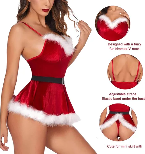 Vista 3 de Lencería sexy de Navidad para las mujeres Santa Babydoll rojo disfraz lencería