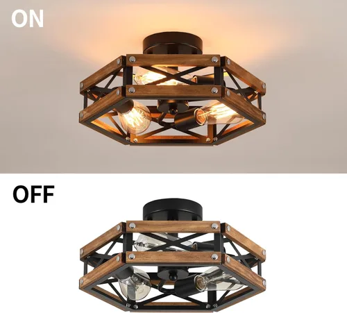 Vista 7 de Lámpara de techo de madera rústica de 3 luces, de madera de roble y jaula de metal, lámpara de techo semiempotrada para pasillo, pasillo, entrada