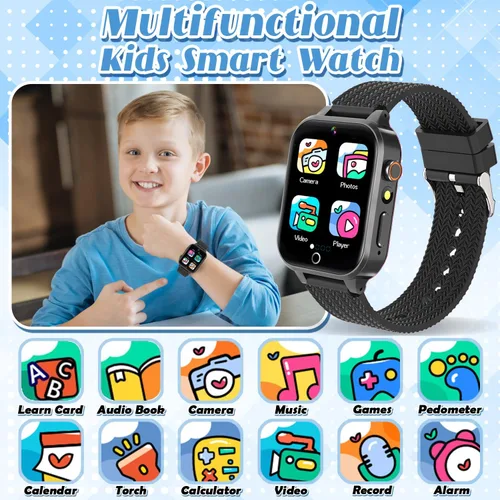 Vista 2 de Tywop Reloj inteligente para niños y niñas de 3 a 12 años con 26 juegos de rompecabezas, cámara de video HD, pantalla táctil, reproductor de música