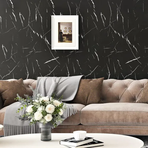 Vista 7 de Wallercity Papel de contacto de mármol negro mate para mesa, papel tapiz de mármol autoadhesivo impermeable para cocina, papel de contacto negro