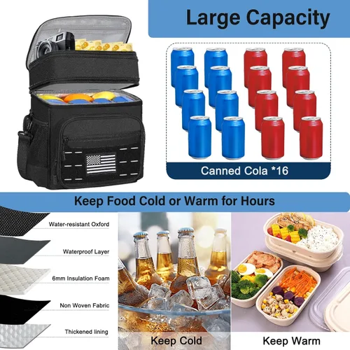 Vista 5 de Bolsa de almuerzo con enfriador - Lonchera táctica aislada para hombres y mujeres - Lonchera grande para adultos, trabajo, al aire libre, turnos