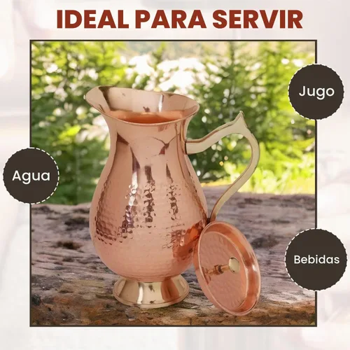 Vista 5 de Jarra de cobre 100% puro de 50.7 fl oz (50.72 onzas) – Jarra de agua de cobre martillado con tapa y asa, jarra de agua de cobre ayurvédica