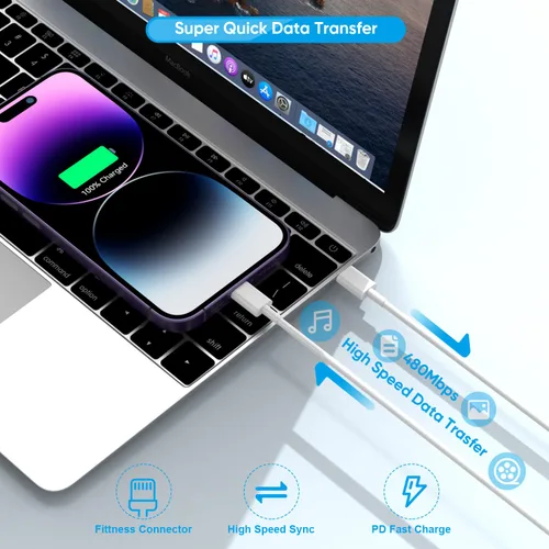 Vista 5 de Cable de carga rápida para iPhone [certificado MFi de Apple], paquete de 3 cables de carga de teléfono de 20 W, bloque de cargador USB C