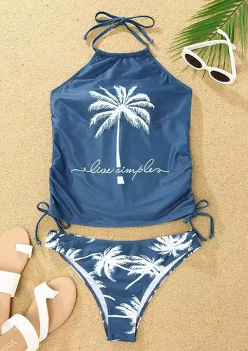 Vista 3 de Conjunto de tankini de dos piezas para mujer, conjunto de tankini con cuello halter de árbol de coco