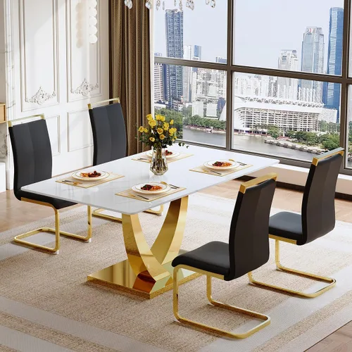 Vista 33 de Juego de mesa de comedor para 4, mesa de comedor de mármol sintético de 63 pulgadas con patas y base de acero inoxidable, sillas acolchadas