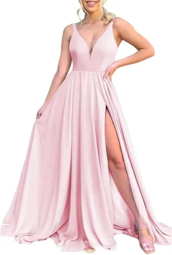 Vista 11 de Vestidos largos de dama de honor para mujer, con abertura, cuello en V, vestido de fiesta formal para boda